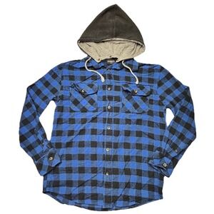 Gioberti Hooded Flannel Shirt Mens Small Blue Black Buffalo Plaid Detachable